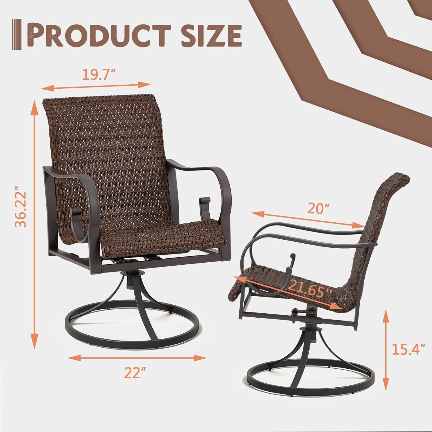 MELLCOM Patio Wicker Swivel Chair Set of 2, Heavy Duty Outdoor Dining Chairs with 23.5'' High Back, Extra-Large Water-Fall Seat, Rattan Porch Chair Gentle Rocker for Outside