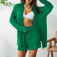 thumbnail image 3 of Musuos Women Casual 2 Pcs Clothes Set Solid Color Ruched Long Sleeve Button Down Shirts with Shorts Suit, 3 of 9