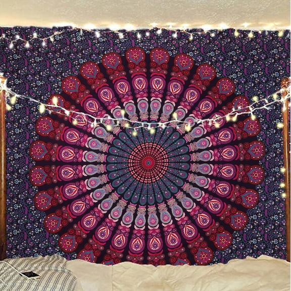 Gojian Handmade Indian hippie Bohemian Psychedelic Peacock Mandala Wall hanging College Dorm Beach Throws Table Cloth Bedding Tapestry