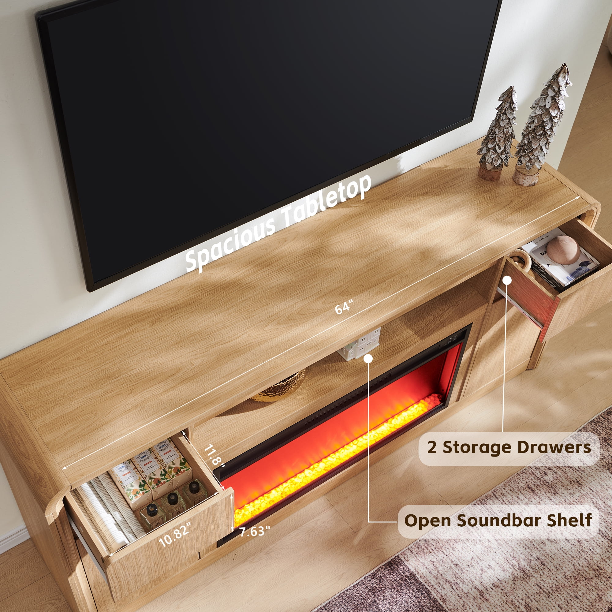 Modern Fireplace TV Stand for 75 inches TV, 36" Electric Fireplace w/ Wood Media Console, 32" Tall Entertainment Center & Adjustable Shelves for Living Room, Curved Profile Design