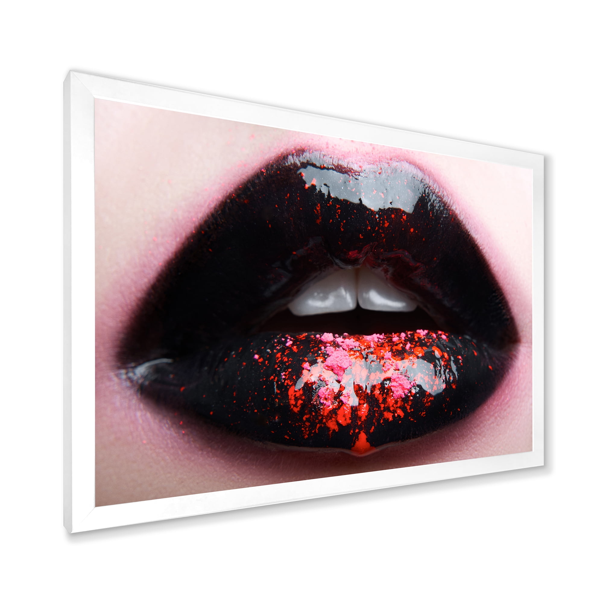 Designart 'Plump Woman Lips With Pink and Black' Modern Framed Art Print