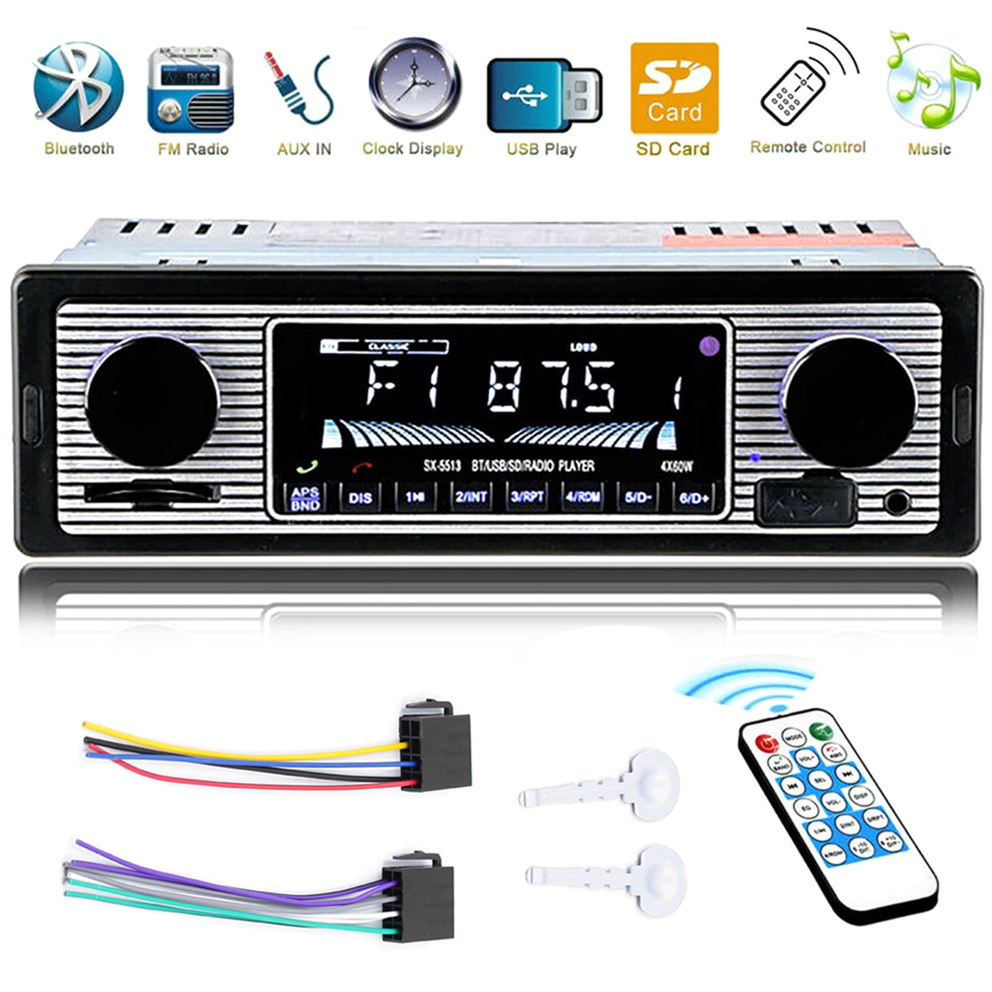 1 Din Car Radio Bluetooth Stereo FM/USB/AUX/TF In-dash Head Unit 12V MP3 Player