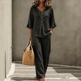 thumbnail image 2 of Boho Button-Front V-Neck Ruffle Sleeve Two-Piece Set for Women, Lightweight Wide Leg Pants & Top Outfit - Summer Vacation Beach Resort Casual Loungewear Black L, 2 of 5