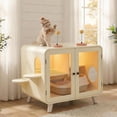 thumbnail image 6 of Cat Hidden Litter Box Enclosure with RGB LED Light, Cat House with Stairs and Pom-Pom Toys, Litter Box Cabinet with Glass Doors and Walkway, Beige, 6 of 16