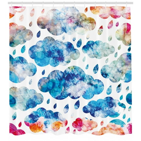 Modern Shower Curtain, Colorful Clouds Pattern with Raindrops Rainy Weather Artistic Sky Illustration, Fabric Bathroom Set with Hooks, Blue Pink Orange, by Ambesonne