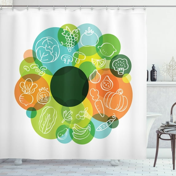 Vegetable Shower Curtain, Organic Healthy Food Fruits Doodle Pattern Vegan Group Paleo Diet Illustration, Fabric Bathroom Set with Hooks, 69W X 70L Inches, Multicolor, by Ambesonne