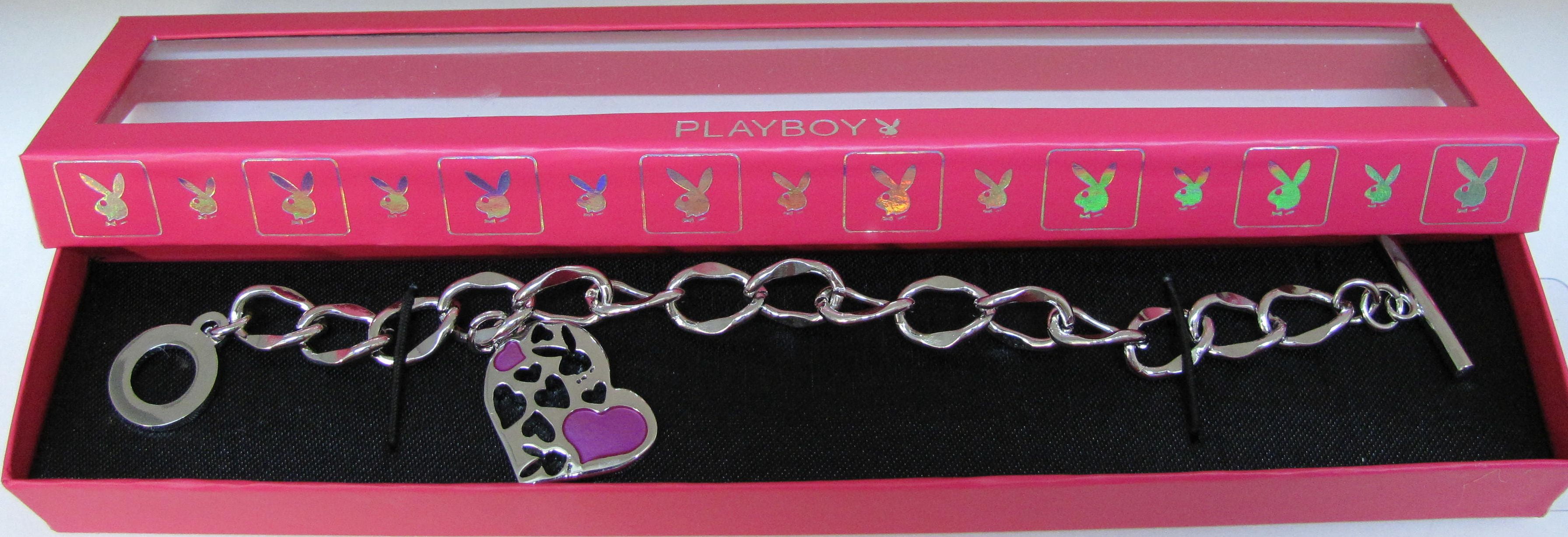 Playboy Bracelet Heart Bunny Charm Pink Enamel Toggle Clasp Platinum Plated