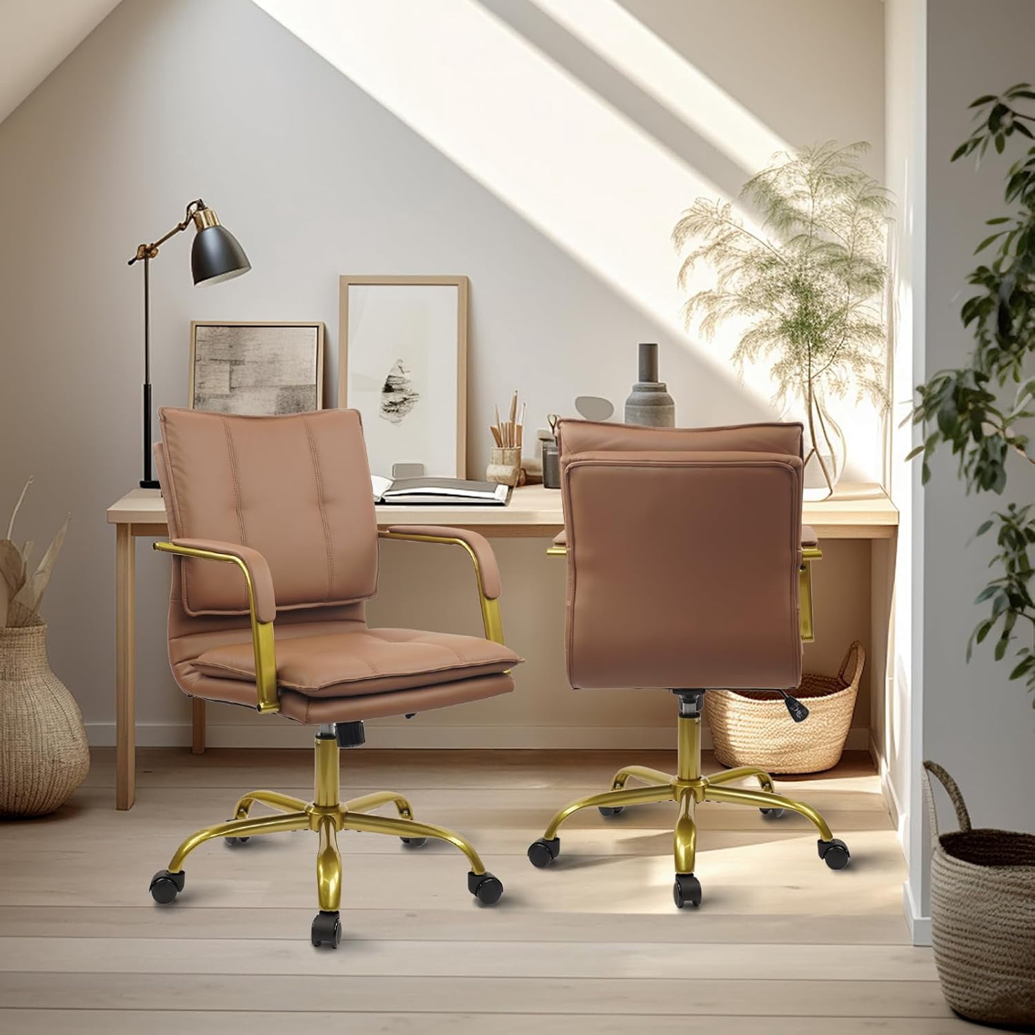 CLATINA Leather Home Office Desk Chairs, Swivel Mid-Back Computer Chair with Golden Legs and Arms, Comfy Upholstered Task Chair with Wheels, Brown