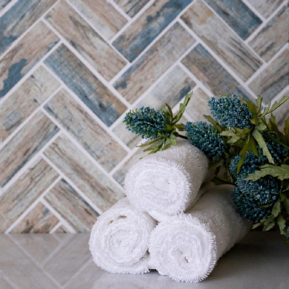 Apollo Tile   10 pack 11-in x 12.6-in Blue Beige Matte Finished Recycled Glass Herringbone Mosaic Tile (9.63 Sq ft/case)