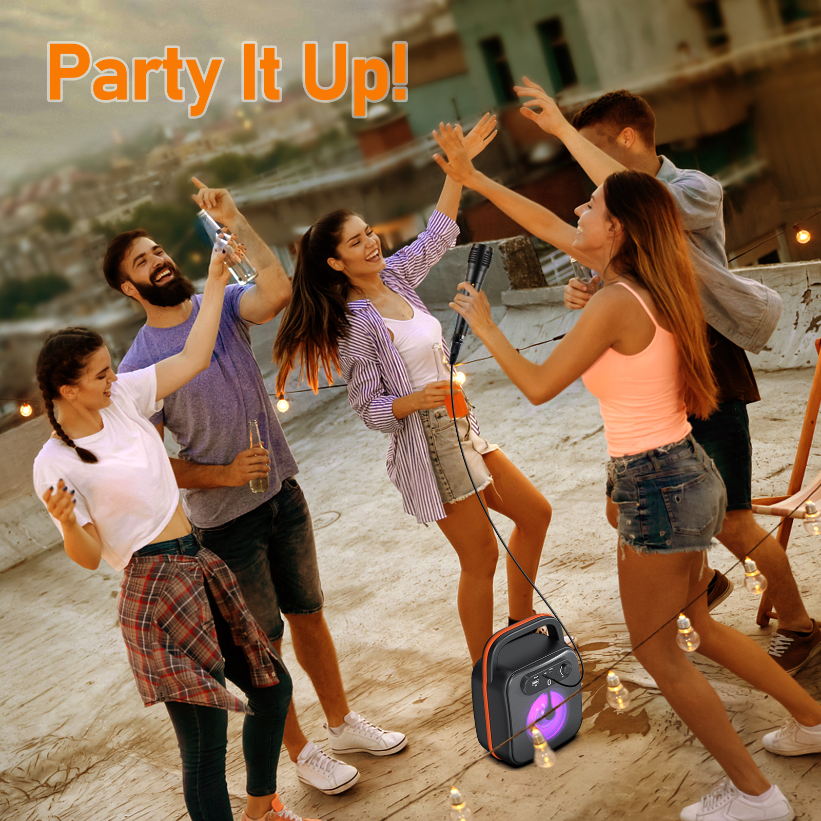 JYX Bluetooth Speaker, Portable Party Speaker with Wired Microphone, DJ Lights, Supports TF Card/ USB, 24H Palytime, D50