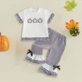 thumbnail image 2 of HCNTES Baby Girl Clothes Toddler Baby Girl Halloween Clothes 6 12 18 24 Month 2T 3T 4T Pumpkin Ruffled Trim Crew Neck Short Sleeve Tops and Plaid Pants 2 Pcs Outfit Set, 2 of 6