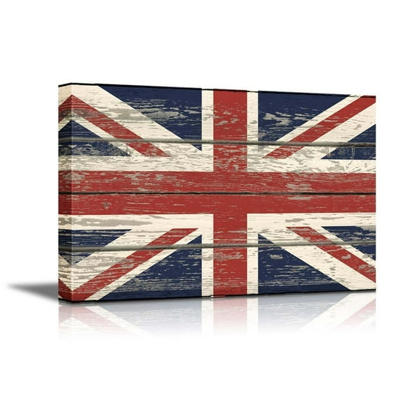 Wall26 Canvas Prints Wall Art - Flag of UK / Union Jack on Vintage Wood Board Background Stretched Canvas Wrap. Ready to Hang - 16" x 24"