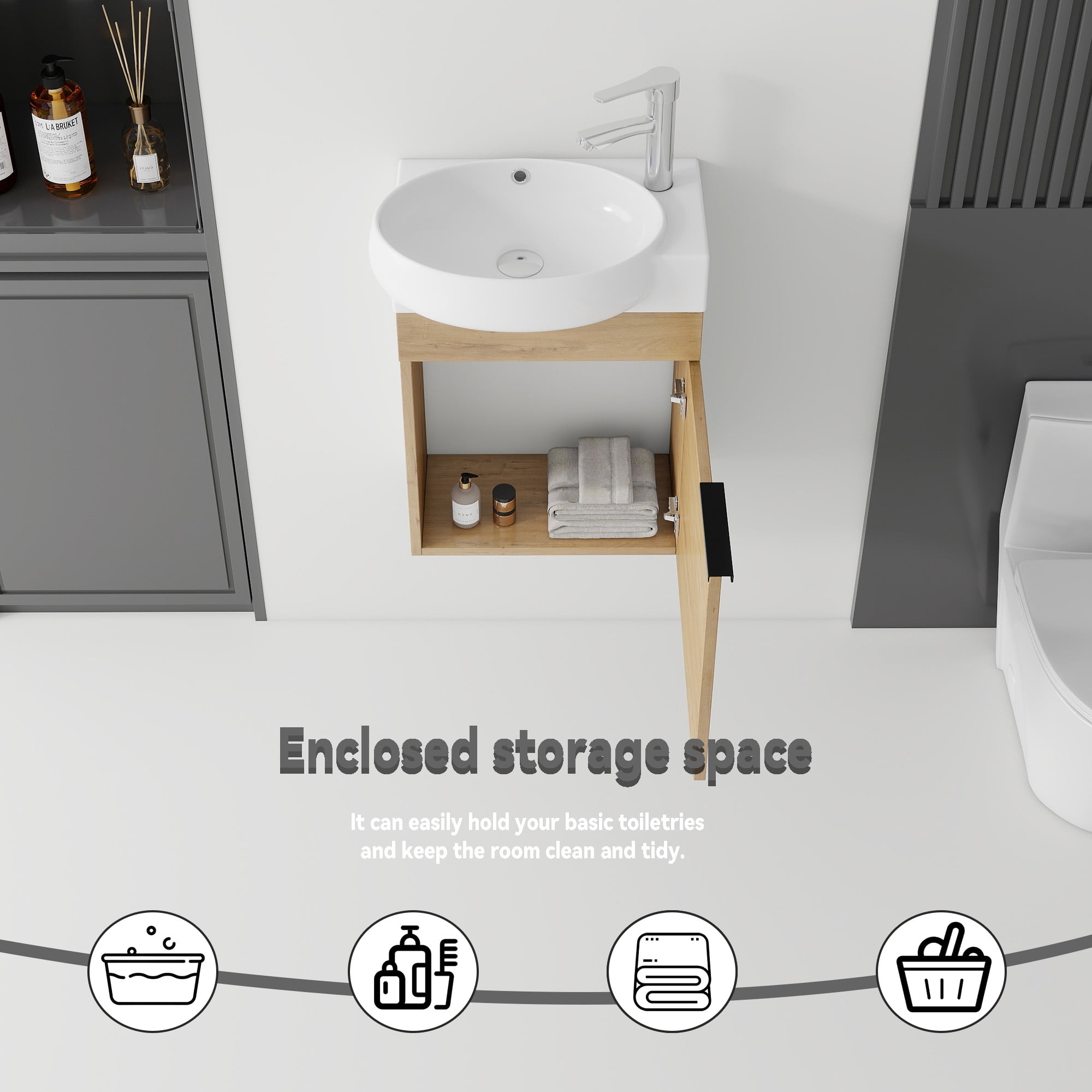 Leumius 16" Wall-Mount Bathroom Vanity Cabinet with with Ceramic Sink & Soft‑Close Doors for Small Space,Bathrooms,Oak