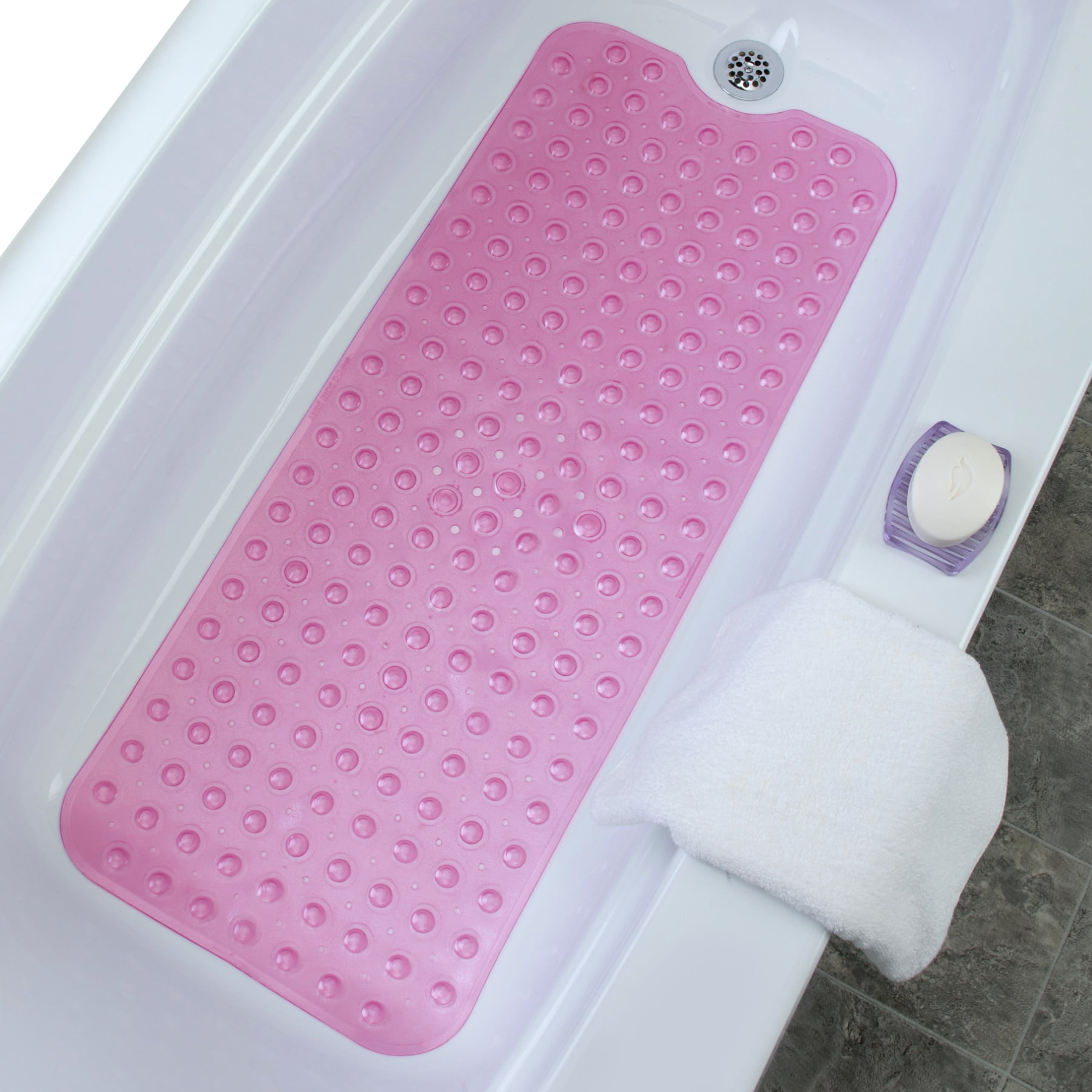 SlipX Solutions 39 x 16 Extra Long Vinyl Non-Slip Bath Mat in Translucent Pink