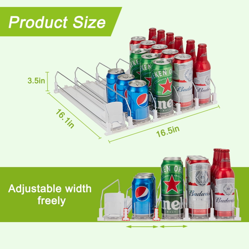 Hyindoor 5 Rows Drink Organizer for Fridge 16.14in Depth Automatic Pushing Soda Bottle Can Dispenser Adjustable Width (White)