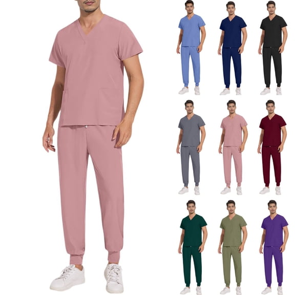 Men's Scrub Set Stretch V-Neck Top Jogger Pants with 3 Pockets Moisture Wicking Anti-Wrinkle Scrubs 28" 29" Inseam Pink M