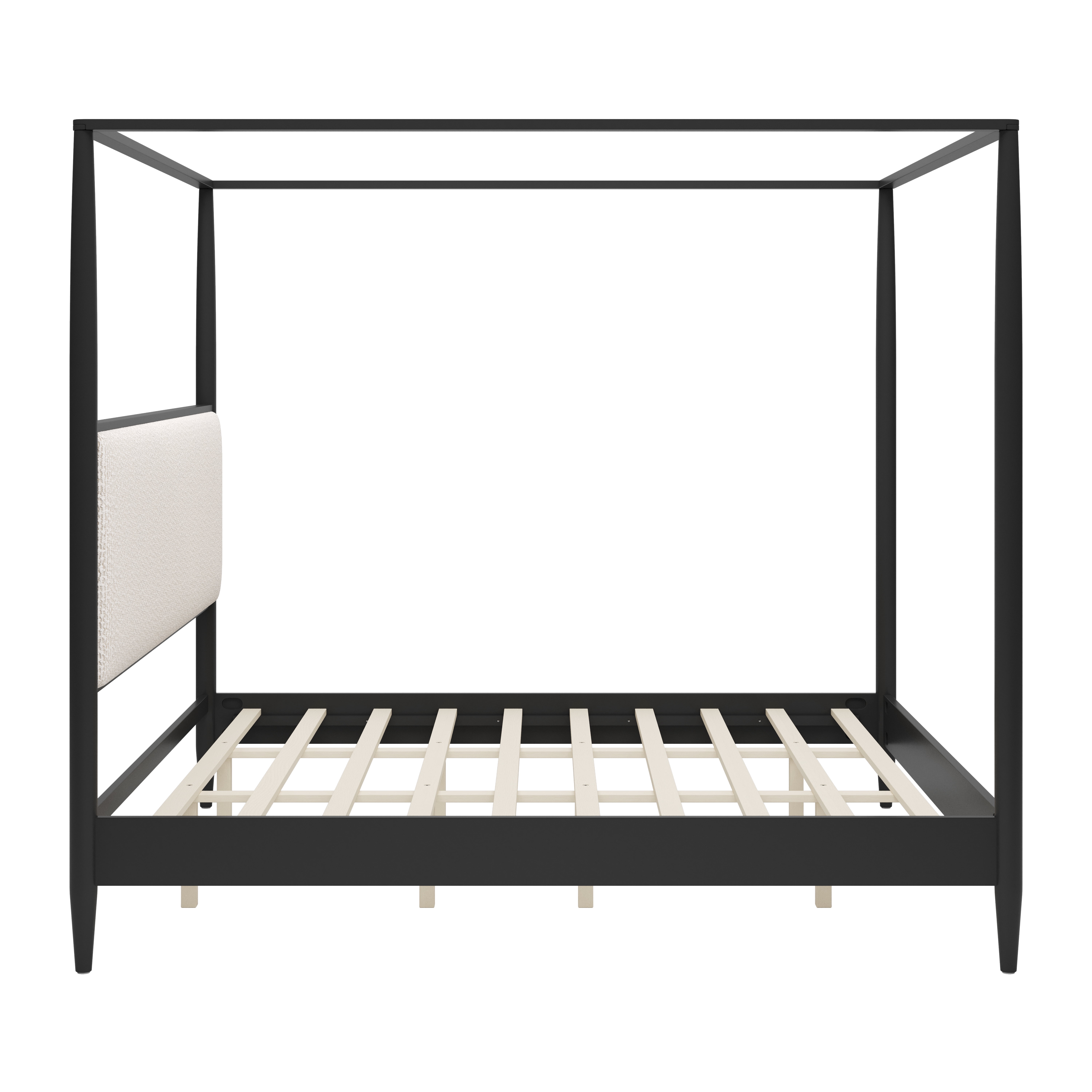 Euroco Modern Wood King Size Canopy Bed, Mid-Century 4-Poster Platform Bed with Boucle Upholstered Headboard and Tapered Legs, No Box Spring Needed, Black
