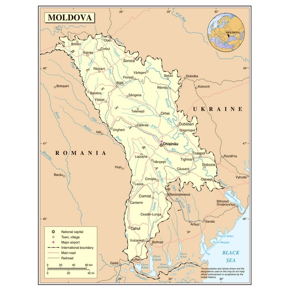Palmetto Posters 24x31 Laminated Poster: Large detailed political map of moldova with roads railroads major cities and airports