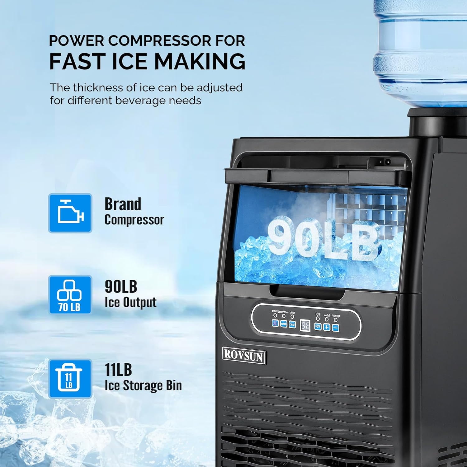 ZOKOP 90LBS/24H Ice Maker Machine with 2 Water Inlets, Freestanding/Countertop Ice Machine with 11lbs Storage Bin, Ice Scoop & Water Filter for Home Office Light Commercial Restaurant Bar Cafe Use