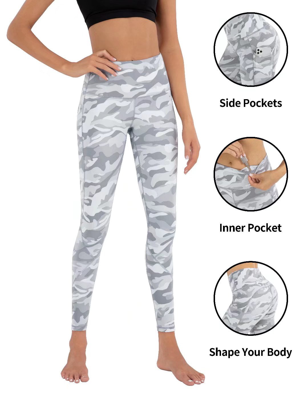 PHISOCKAT Women's High Waist Yoga Pants with Pockets, Leggings with  Pockets, Tummy Control Workout Yoga Leggings (Capris Splinter Camo, X-Small)