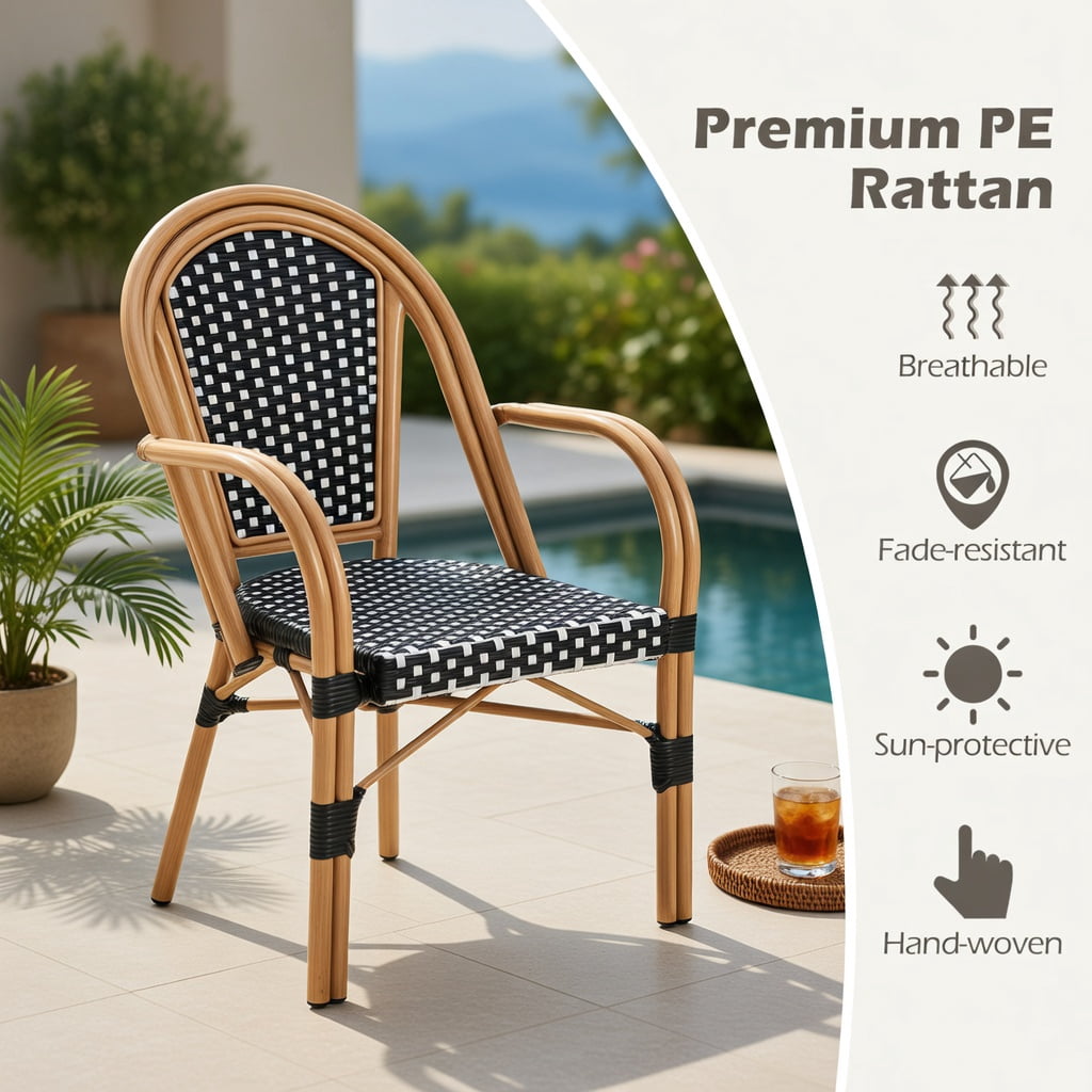 Hommoo 2-Pack Hand-Woven PE Rattan Outdoor Bistro Chairs, French-Style Patio Chairs with Galvanized Steel Frame, Black & White