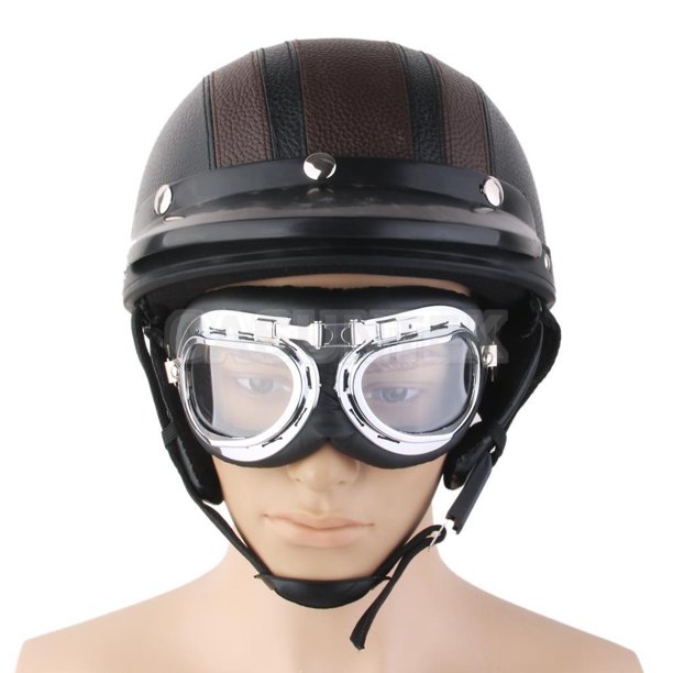 LEATHER OPEN HALF FACE SCOOTER MOTORCYCLE CRASH HELMET GOGGLES VISOR