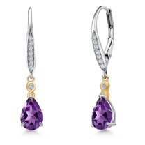 Gem Stone King 925 Silver and 10K Yellow Gold Purple Amethyst and White Lab Grown Diamond Dangle Earrings for Women | 1.58 Cttw | Gemstone February Birthstone | Pear Shape 8X5MM