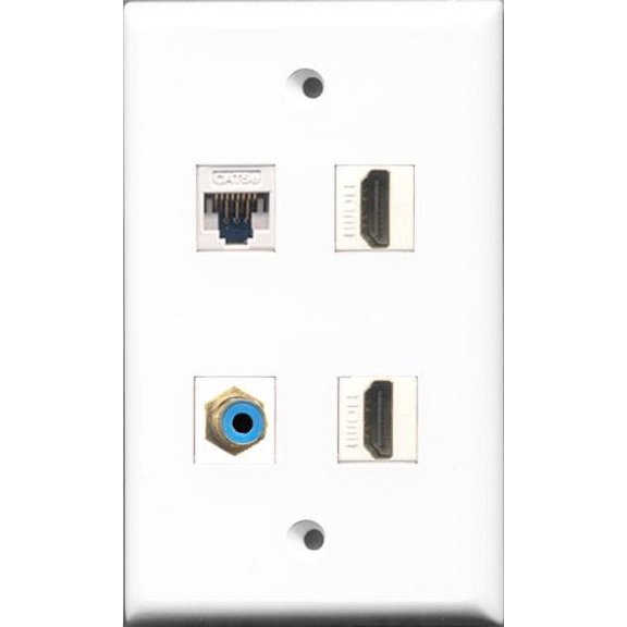 RiteAV - 2 Port HDMI and 1 Port RCA Blue and 1 Port Cat5e Ethernet White Wall Plate