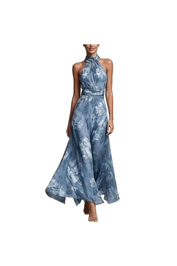 Womens Halter Neck Sleeveless Maxi Dress With Floral Print Ruched Waist Flowy Skirt For Wedding Guest Events Formal Summer Wear Trendy Dress