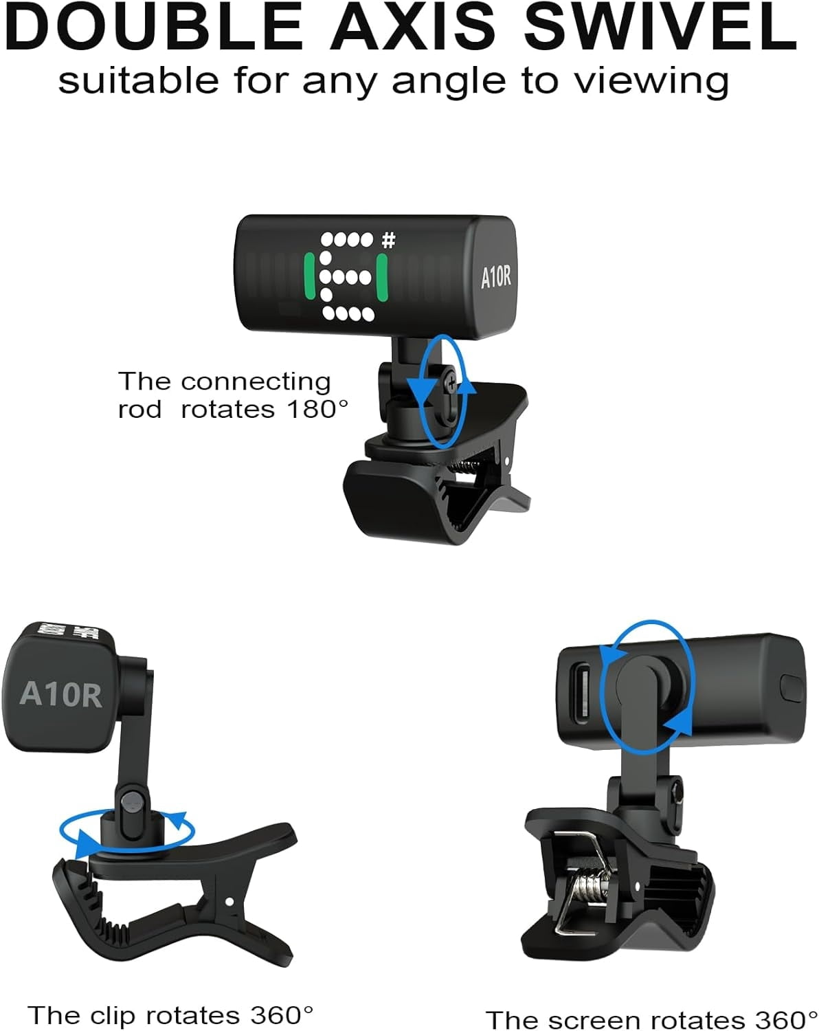 Guitar Tuner, Rechargeable Clip-On Tuner with LED Display, Mini Tuner for Acoustic, Electric Guitar, Bass, Violin, Ukulele, Super Bright Display to Read for Professional & Beginners (A10R)