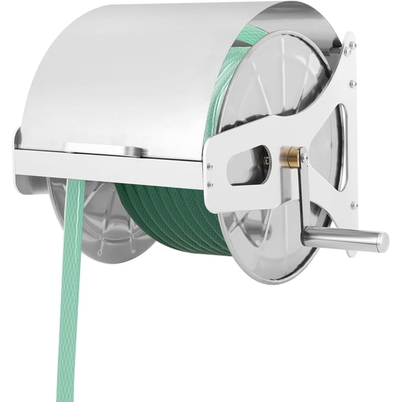 Garden Wall Mounted Hose Reel, Stainless Steel Outdoor Heavy-Duty Water Hose Holder Winder with Crank, Holds 164 Feet of 1/2-Inch Hose