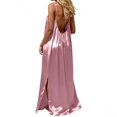 thumbnail image 3 of Women's Sexy Backless Satin Maxi Dress V-Neck Sleeveless Side Slit Graduation Party Gown, 3 of 7