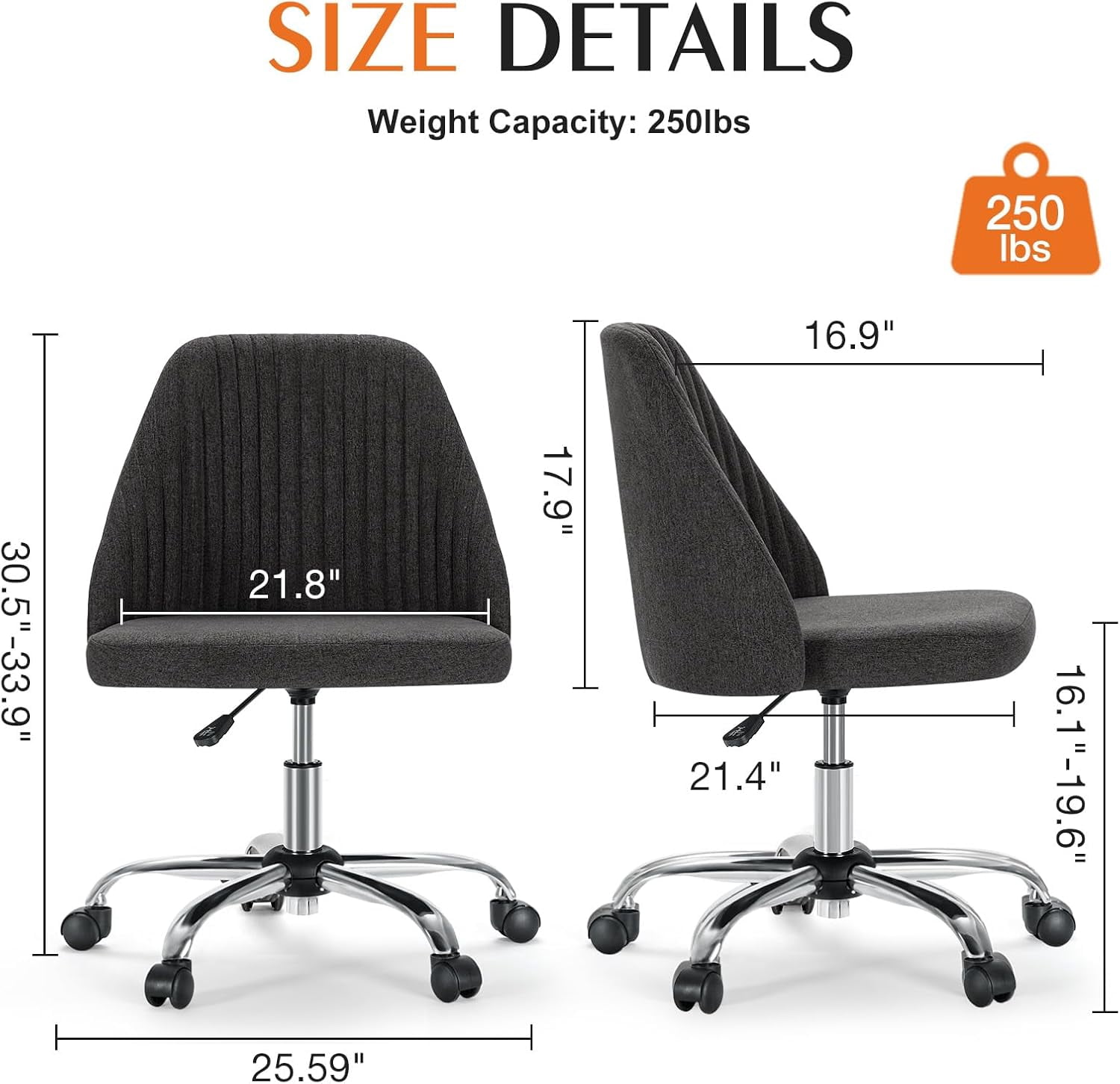 Colorful Linen Desk Chair, Comfy Thick Seat with Swivel Wheels, Armless Task Chair, Dark Gray