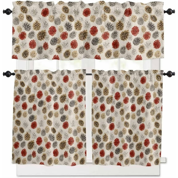 Christmas Kitchen Curtains and Valances Set, Rod Pocket Curtains Tier Farmhouse Window Curtains 36 Inch Length, Winter Xmas Pinecone Plants Retro Farmhouse 3 Piece Kitchen Curtains Set