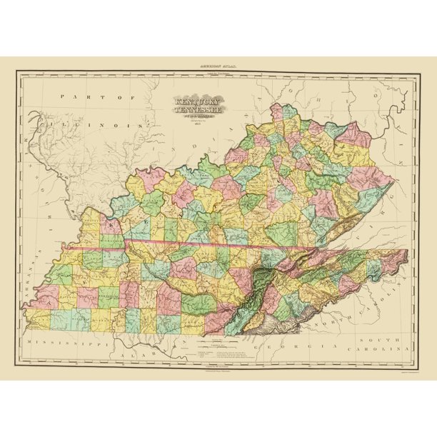 Kentucky Tennessee Border Counties Kentucky, Tennessee Counties - Tanner 1825 - 23 X 30.97 - Walmart.com