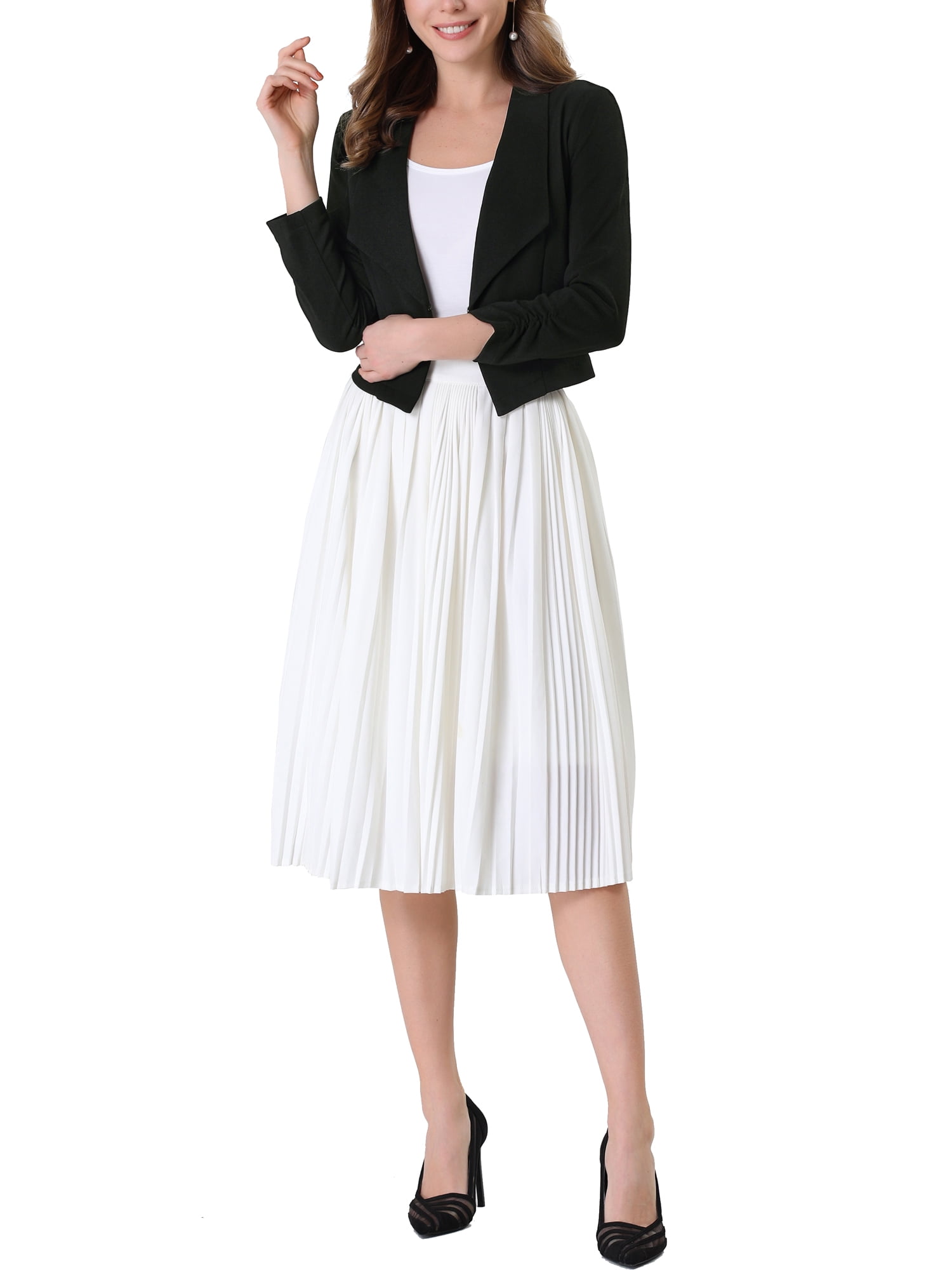 DARING DIVA Women's Notched Lapel Ruched Sleeve Crop Blazer XS Black