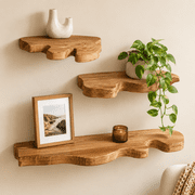 MEHOOM Set of 3 Live Edge Solid Wooden Floating Shelves, Rustic Farmhouse Vintage Wall Shelf Display Decor for Living Room, Bathroom, Bedroom, Brown