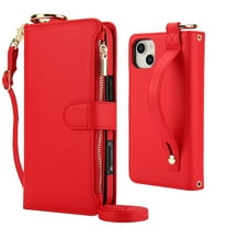 Decase Crossbody Wallet Case for iPhone 15 RFID Blocking 6-Card Holder Soft PU Leather Adjustable Shoulder Strap Zipper Pocket Metal Buckle Wristband Phone Case for iPhone 15,Red