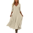 thumbnail image 5 of Women's 2026 Fit And Flare Dress V-Neck Casual Sundresses Dress Women's V-Neck Solid-Color Casual Long-Sleeved Short Dress Beige M, 5 of 7