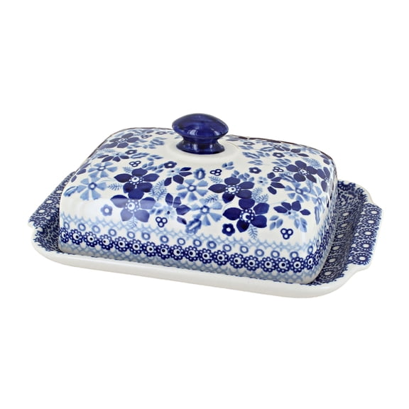 Blue Rose Polish Pottery Vintage Blue Daisy Large Butter Dish