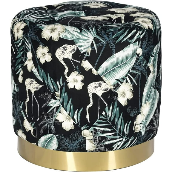 Round Velvet Ottoman, Modern Upholstered Button Tufted Footrest Vanity Makeup Stool with Gold Plating Base for Bedroom Living Room, Black&Green