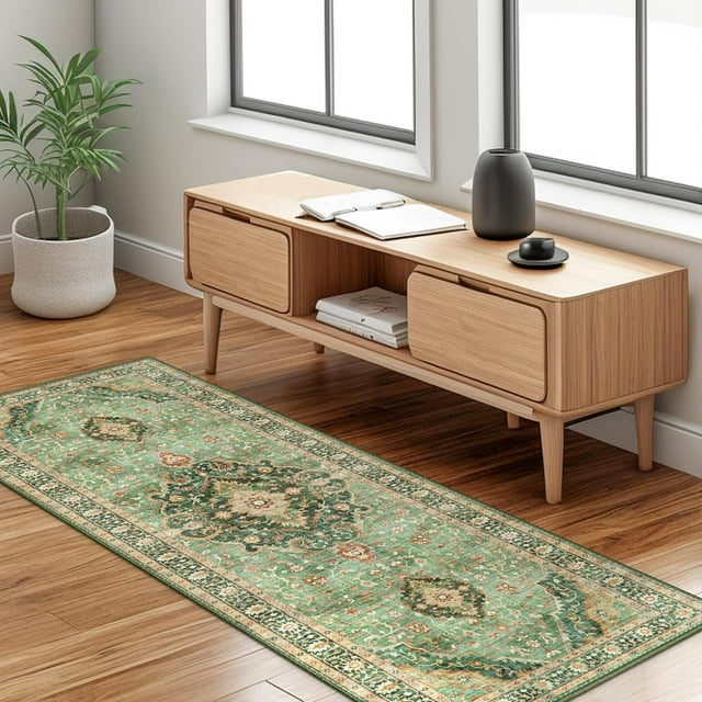 Green Rug 2x5 Runner Rugs Boho Small Washable Area Rugs for Entryway Bathroom Kitchen, Small Hallway Runner Rugs Soft Low Pile Non-Slip Rubber Backing Oriental Door Mat