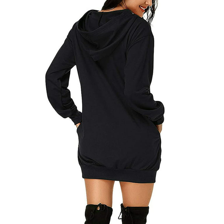 DkinJom Fashion Women Solid Hooded Dress Long Sleeves Pockets Short  Sweatshirt Dress 