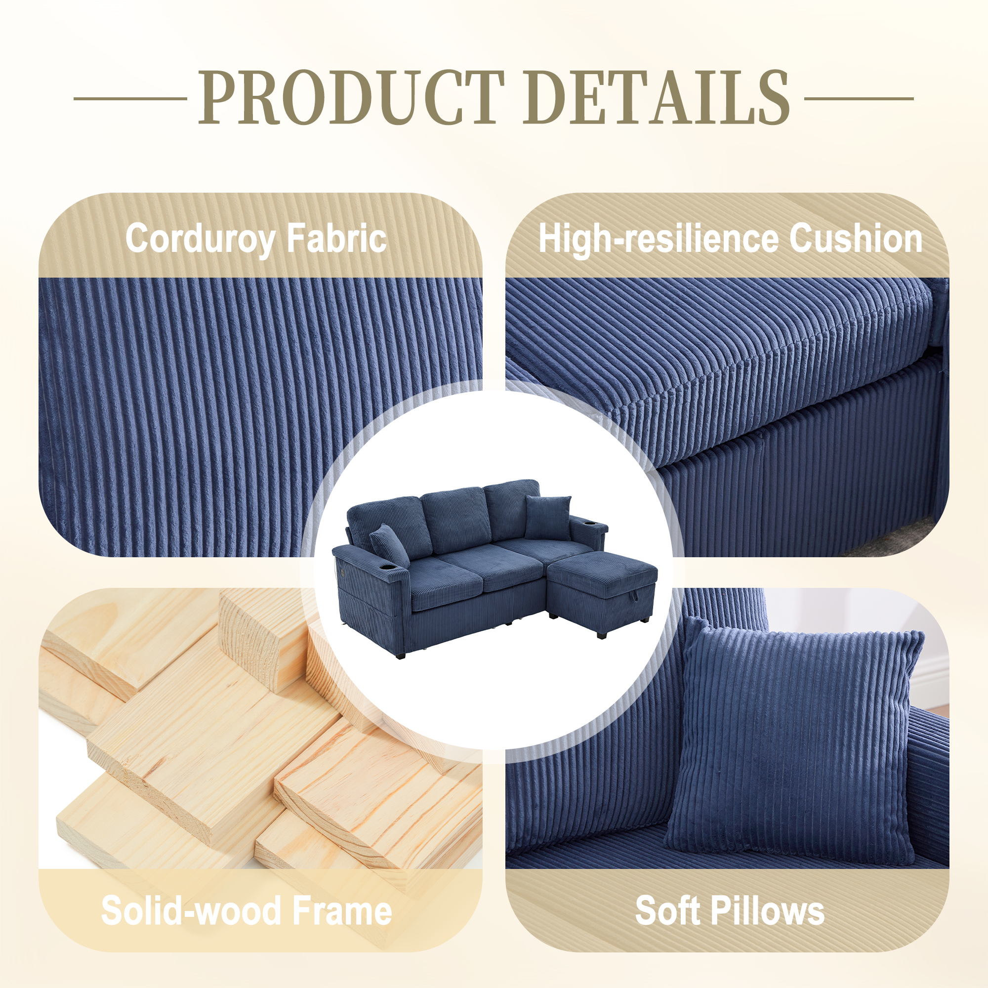 MOONMISS Corduroy Upholstered L-shaped Pull-Out Storage Sectional Sofa with Storage Ottoman,USB Charging,Cup Holder-Navy Blue