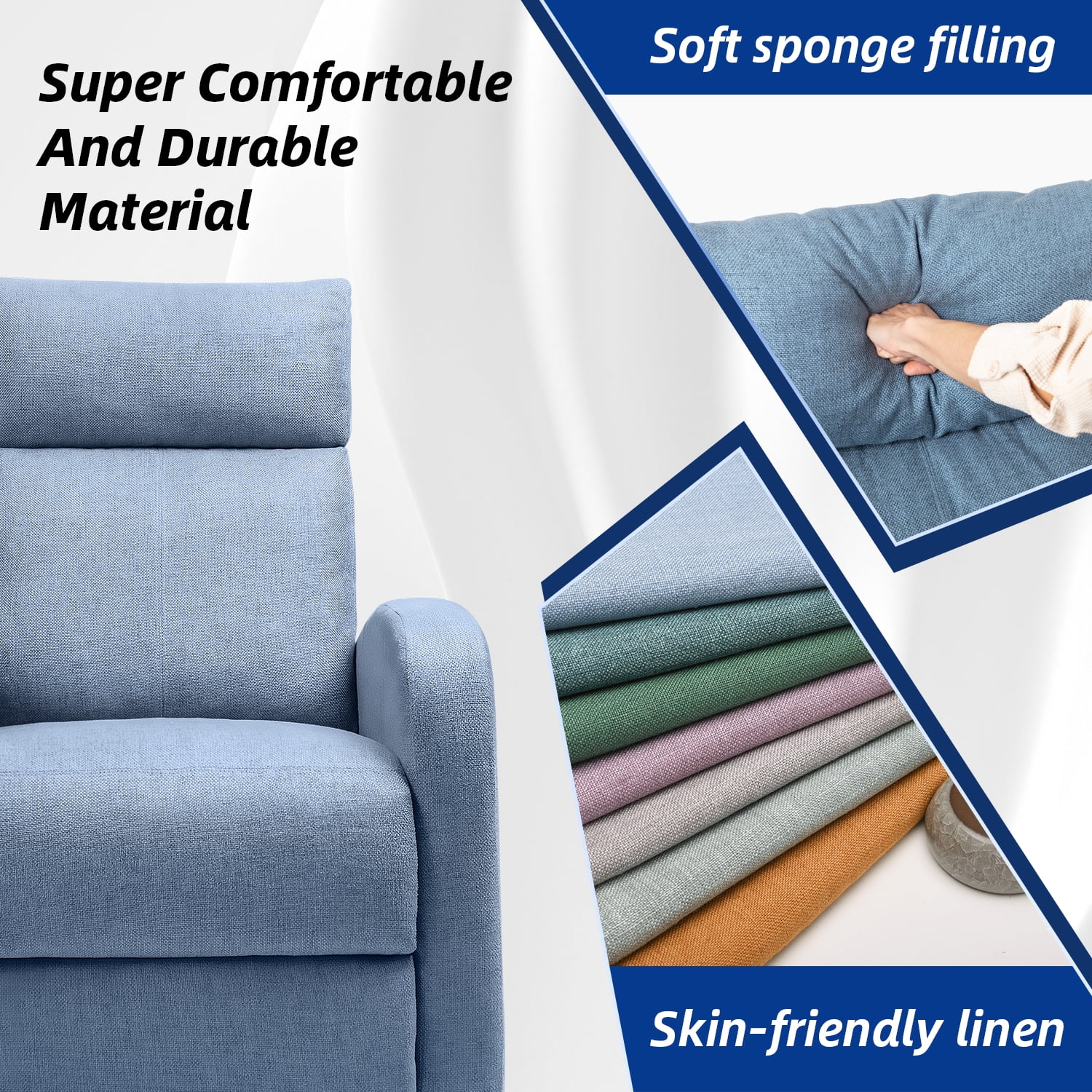 Vineego Home Theater Recliner with Padded Seat and Backrest, Blue Fabric