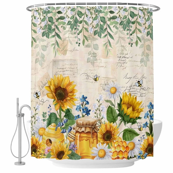 Sunflowers Shower Curtain, Waterproof Shower Curtains for Bathroom, Yellow Floral Bees Green Leaves Watercolor Washable Fabric Bathtub Curtain Set Bath Decor with 12 Hooks Long 72"x84"