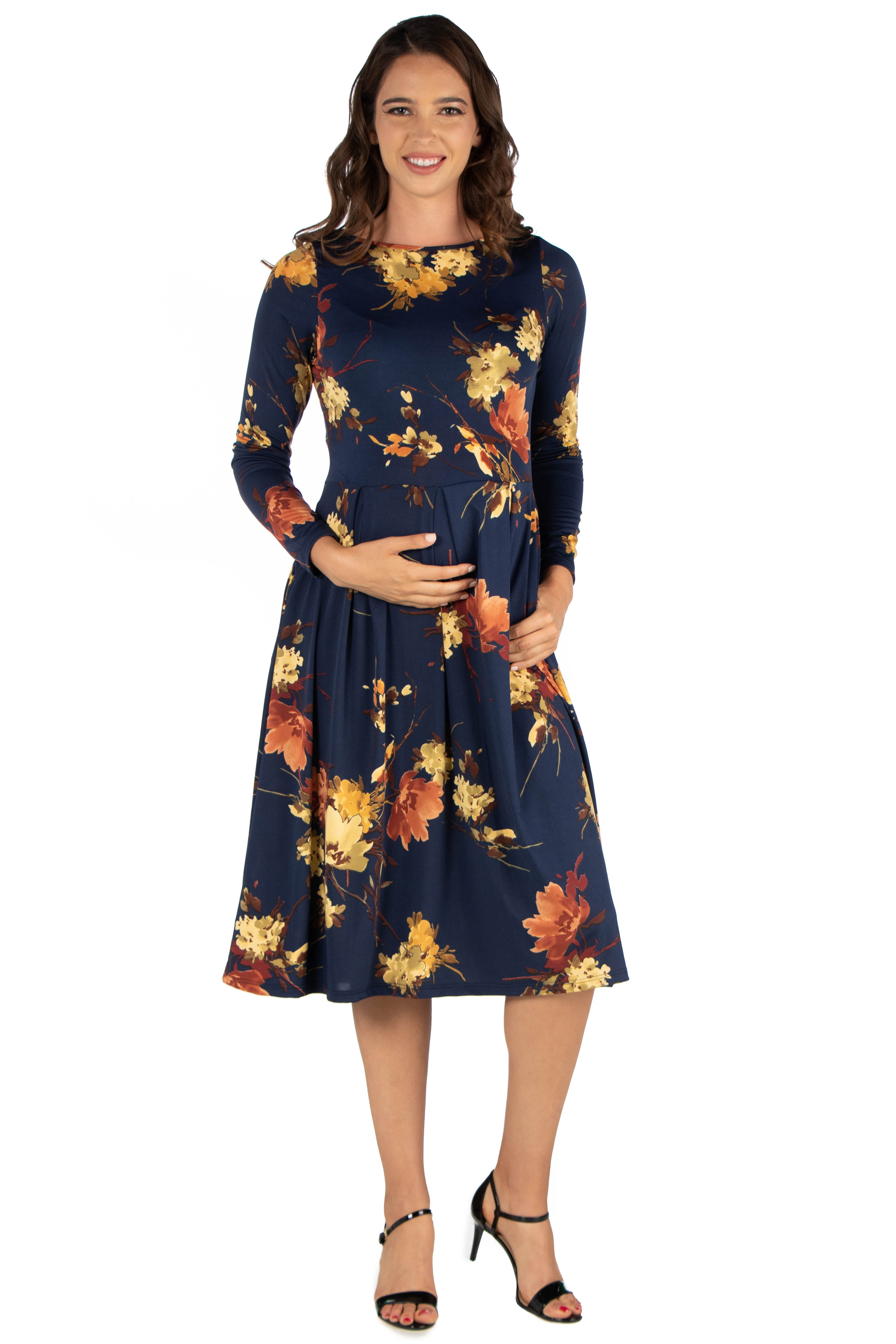 24/7 Comfort Apparel Floral Long Sleeve Fit N Flare Maternity Midi ...