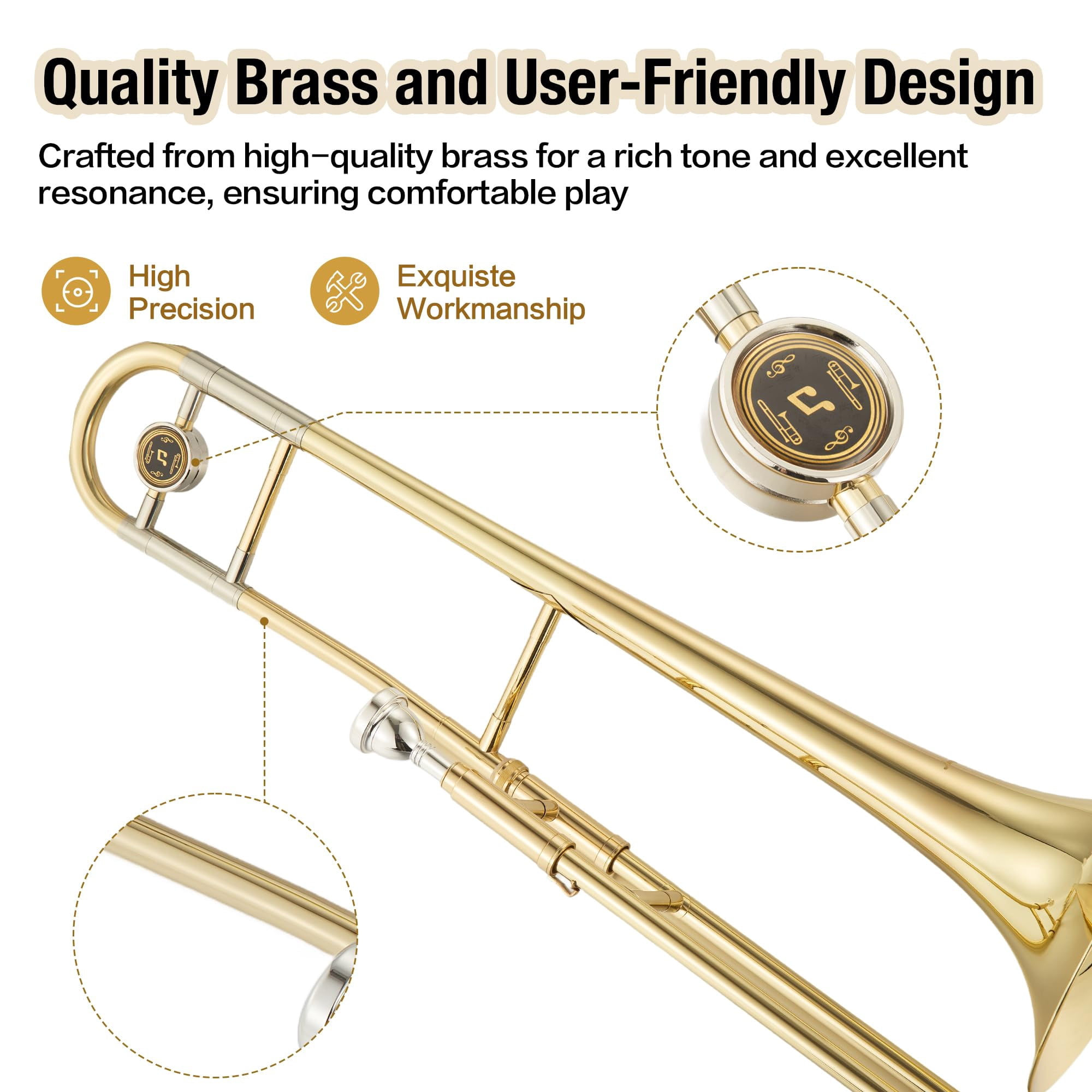 Garvee B Flat Alto Trombone for Beginners - Brass Trombone with Mouthpiece, Case, Cleaning Cloth, Gloves and Cleaning Rod, Professional Musical Instruments for Students - Gold Lacquer