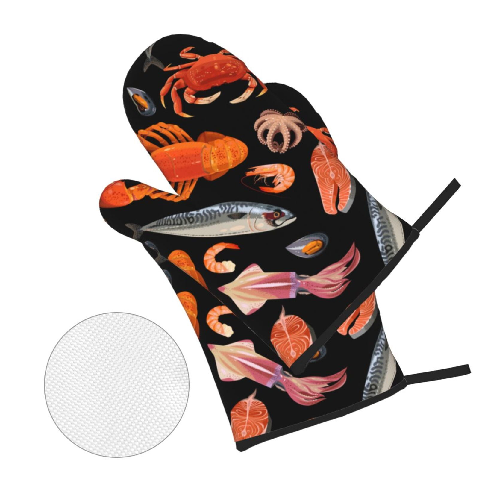Seafood Pattern Crayfish Crab Shrimp 4Pcs Oven Mitts and Pot Holders Sets Oven Kitchen Gloves Hot Pads for Cooking BBQ Baking Grilling