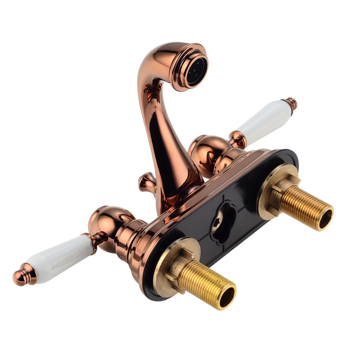 Renovators Supply Bathroom Faucets 4" Rose Gold Centerset Bathroom Sink Faucet w/White Double Handle and Supply Lines